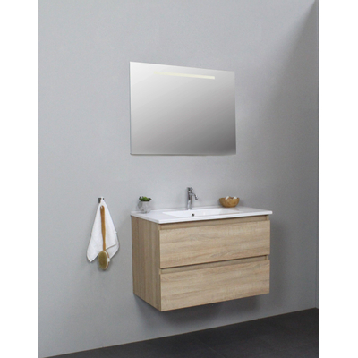 Basic Bella Meuble salle de bains avec lavabo céramique Blanc 80x55x46cm 1 trou de robinet avec miroir et éclairage Chêne