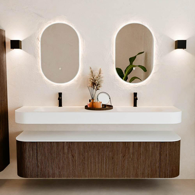 MONDIAZ THOR 180cm meuble de salle de bains arrondi gauche + droite couleur Walnut avec 2 tiroirs et 2 portes. Vasque suspendue CLOUD Double 2 trous de robinet couleur Talc.