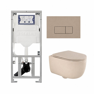 QeramiQ Dely Swirl Toiletset - 36.3x51.7cm - Geberit UP320 inbouwreservoir - met Burda frame - 35mm zitting - bedieningsplaat taupe - rechthoekige knoppen - mat beige