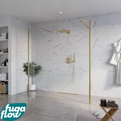 FugaFlow Eccelente Vetro Vrijstaande inloopdouche badkamer - 180x200cm - Helder - antikalk - 8mm veiligheidsglas - 2 zijwanden 30cm - met wandarmen en hoekprofielen - Messing geborsteld (goud) -