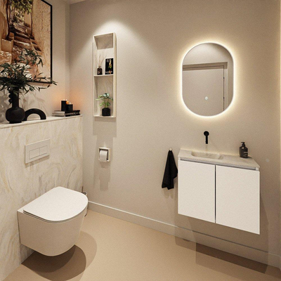 MONDIAZ TURE-DLUX Meuble toilette - 60cm - Talc - EDEN - vasque Ostra - position gauche - sans trou de robinet