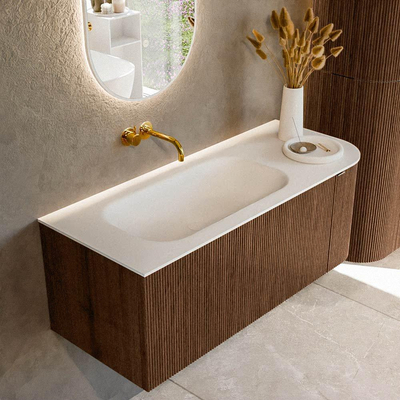 MONDIAZ KURVE Meuble de salle de bains 115 cm avec module 25 R couleur Walnut avec 1 tiroir et 1 porte. Lavabo BIG SMALL gauche sans trou de robinet Talc.