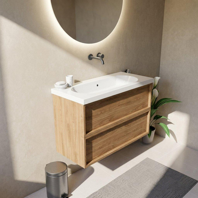 Saniclass Holz Frame Ensemble de meubles de salle de bains - 100x45x63.5cm - lavabo en céramique Palermo blanc - 1 vasque - sans trou de robinetterie - 2 tiroirs - chêne natural mat (bois)
