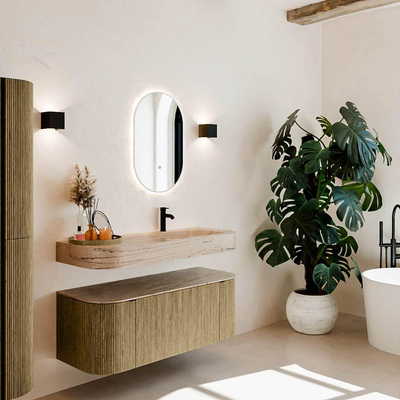 MONDIAZ THOR-DLUX 120cm meuble de salle de bains arrondi gauche + droite couleur Dusk avec 1 tiroir et 2 portes. Vasque suspendue CLOUD Droite 1 trou de robinet couleur Arena.