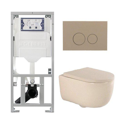 QeramiQ Dely Swirl Ensemble WC - 36.3x51.7cm - réservoir encastré Geberit UP320 - avec cadre Burda - abattant 35mm - plaque de commande taupe - boutons ronds - beige