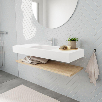 MONDIAZ ALAN 120cm - Ensemble meuble de salle de bains - tablette - chêne blanchi - lavabo suspendu - vasque centrale - 1 trou de robinet - talc