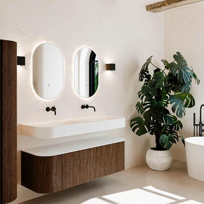 MONDIAZ THOR 140cm meuble de salle de bains arrondi gauche + droite couleur Walnut avec 1 tiroir et 2 portes. Vasque suspendue CLOUD Double sans trou de robinet couleur Talc.