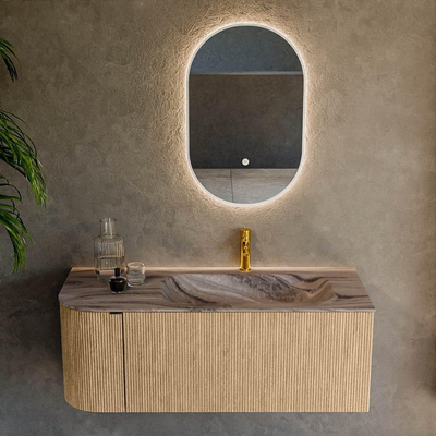 MONDIAZ KURVE-DLUX 115cm badmeubel ronding Links kleur Oak met 1 lade en 1 deur. Wastafel BIG SMALL Rechts 1 kraangat Sombra.