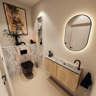 MONDIAZ TURE-DLUX meuble WC 100 cm Washed Oak. EDEN lavabo Glace position droite. Avec 1 trou de robinet.