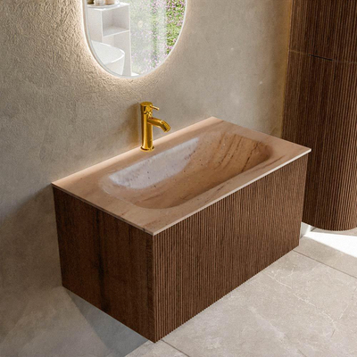 MONDIAZ KURVE-DLUX 80cm badmeubel kleur Walnut met 1 lade en 0 deuren. Wastafel BIG SMALL Midden 1 kraangat Saba.
