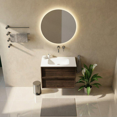 Saniclass Holz Frame Ensemble meuble de salle de bains - 80x45x61.5cm - lavabo Flow en solid surface blanc - 1 vasque - sans trou de robinetterie - 2 tiroirs - chêne charcoal mat (bois)