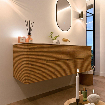 Mondiaz CIRO-DLUX Ensemble de meubles de salle de bains - 150x45x50cm - Plan vasque solid surface Meli - 1 vasque à droite - sans trous de robinet - 4 tiroirs - Chêne