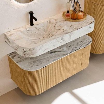 MONDIAZ THOR-DLUX 110cm badmeubel ronding links + rechts kleur Oak met 1 lade en 2 deuren. Vrijhangende wastafel CLOUD Links 1 kraangat kleur Glace.