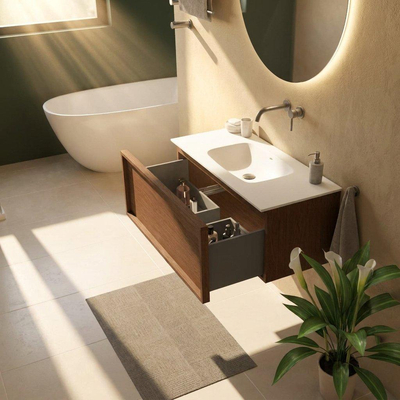 Saniclass Holz Frame Ensemble meuble de salle de bains - 100x45x41.5cm - Flow lavabo en solid surface blanc - 1 vasque - sans trou de robinet - 1 tiroir - mat walnut pure (bois)
