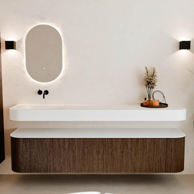 MONDIAZ THOR 200cm meuble de salle de bains arrondi gauche + droite couleur Walnut avec 2 tiroirs et 2 portes. Vasque suspendue CLOUD gauche sans trou de robinet couleur Talc.