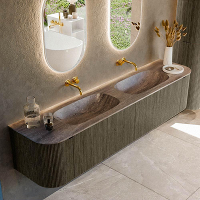 MONDIAZ KURVE-DLUX Meuble de salle de bains 200cm arrondi gauche + droite couleur Shadow avec 2 tiroirs et 2 portes. Lavabo STOR SMALL Double sans trou de robinet Oza.