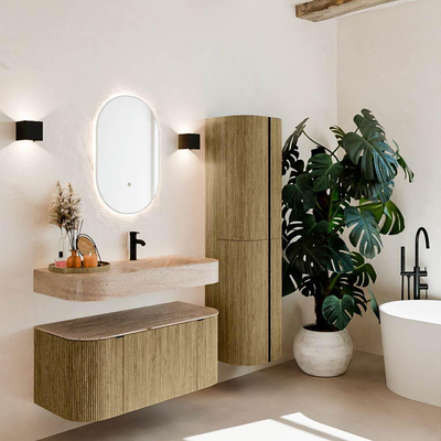 MONDIAZ THOR-DLUX 100cm meuble de salle de bains arrondi gauche + droite couleur Dusk avec 1 tiroir et 2 portes. Vasque suspendue CLOUD Droite 1 trou de robinet couleur Saba.