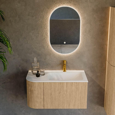 MONDIAZ KURVE 85cm Meuble salle de bain avec module 25 G - couleur Oak - 1 tiroir - 1 porte - vasque CLOUD droite - 1 trou de robinet - Talc