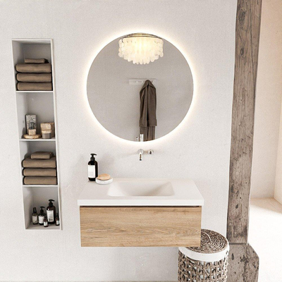 Mondiaz BUKLA Ensemble de meuble - 80x45x34cm - 0 trous de robinet - lavabo centré - solid surface - Talc - sans poignée - 1 tiroir - Mélamine - Chêne blanchi