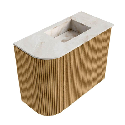 Mondiaz JOYA-DLUX 51.6cm toiletmeubel - ronding links kleur Oak - Wastafel FAYE positie Rechts 1 kraangat kleur Frappe.