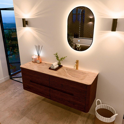 Mondiaz CIRO-DLUX Meuble de salle de bains - 140x45x50cm - Plan vasque solid surface Arena - 1 lavabo à droite - 1 trou de robinetterie - 4 tiroirs - Ruby