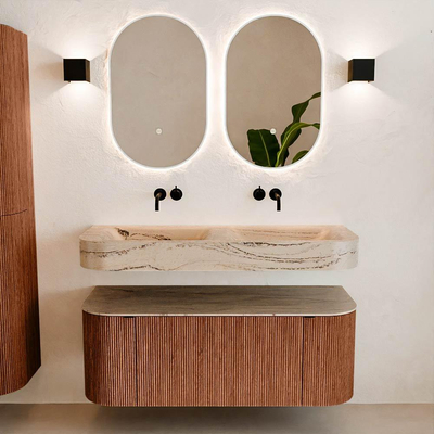 MONDIAZ THOR-DLUX 120cm meuble de salle de bains arrondi gauche + droite couleur Ruby avec 1 tiroir et 2 portes. Vasque suspendue CLOUD Double sans trou de robinet couleur Arena.