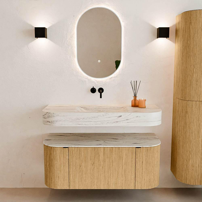 MONDIAZ THOR-DLUX 110cm badmeubel ronding links + rechts kleur Oak met 1 lade en 2 deuren. Vrijhangende wastafel CLOUD Midden zonder kraangat kleur Nata.