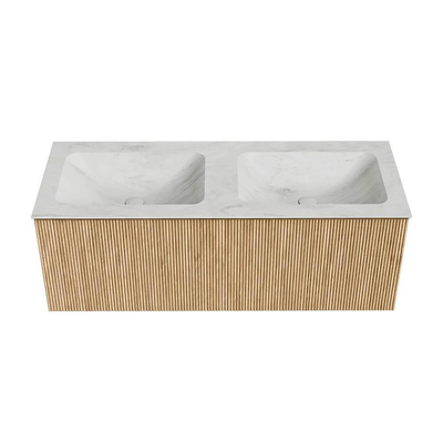 MONDIAZ KURVE-DLUX Meuble de salle de bains 120 cm couleur chêne avec 1 tiroir. Vasque LEAF double sans trou de robinet couleur Opalo.