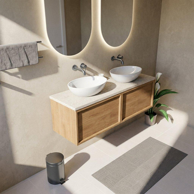 Saniclass Holz Frame Ensemble de meubles de salle de bains - 140x45x43cm - Plan de travail en pierre naturelle travertin - sans trou de robinetterie - 2 tiroirs - chêne naturel mat (bois)
