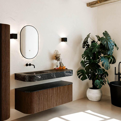 MONDIAZ THOR-DLUX 130cm meuble de salle de bains arrondi gauche + droite couleur Walnut avec 1 tiroir et 2 portes. Vasque suspendue CLOUD Gauche sans trou de robinet couleur Lava.