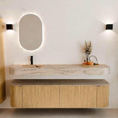 MONDIAZ THOR-DLUX Meuble de salle de bains - 180cm - arrondi gauche + droite - couleur Oak - 2 tiroirs - 2 portes - Vasque suspendue CLOUD Gauche 1 trou de robinet - couleur Arena