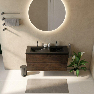 Saniclass Holz Pure Ensemble de meubles de salle de bains - 120x45x62cm - lavabo Vygo en céramique noir - 2 vasques - 2 trous de robinet - 4 tiroirs - chêne charcoal mat (bois)