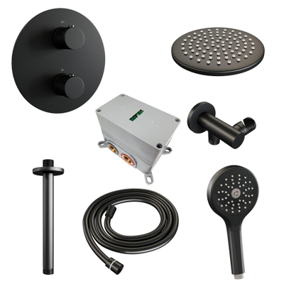 BRAUER Black Carving thermostatische Inbouw Regendouche - 3-weg - rond - set 83 - 20cm hoofddouche - plafondarm - 3-standen handdouche - doucheslang - wandaansluitbocht - mat zwart