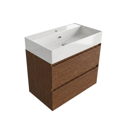 Saniclass Holz Pure Ensemble meuble de salle de bains - 80x45x72cm - Legend lavabo en céramique blanc - 1 vasque - 1 trou de robinet - 2 tiroirs - noyer pure mat (bois)