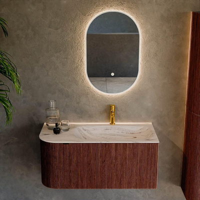 MONDIAZ KURVE-DLUX Meuble de salle de bains 95cm arrondi à gauche couleur Ruby avec 1 tiroir et 1 porte. Lavabo BIG SMALL à droite 1 trou de robinet Nata.