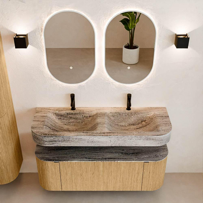 MONDIAZ THOR-DLUX 130cm badmeubel ronding links + rechts kleur Oak met 1 lade en 2 deuren. Vrijhangende wastafel CLOUD Dubbel 2 kraangaten kleur Oza.