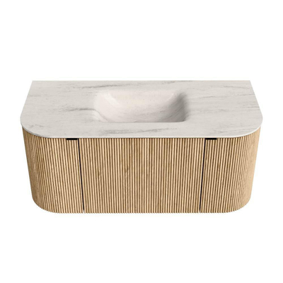 MONDIAZ KURVE-DLUX meuble de salle de bains 100cm arrondi Gauche + Droite couleur Chêne avec 1 tiroir et 2 portes. Lavabo GRUNNE Central sans trou de robinet Meli.