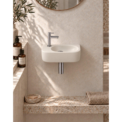 QeramiQ Fuente fonteinset – halfrond – 40x21.5x12 cm – keramiek beige – kraangat links – kraan gunmetal
