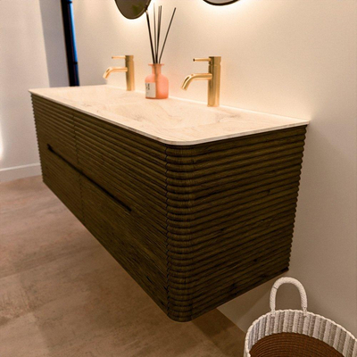 Mondiaz CIRO-DLUX Badkamermeubelset - 140x45x50cm - Solid surface wastafel Ostra - 2 wasbak Dubbel - 2 kraangaten - 4 lades - Shadow