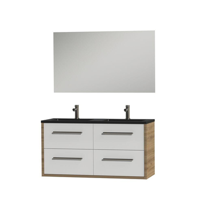 Tiger Boston Ensemble meuble de salle de bains 120cm chêne chalet / blanc brillant avec miroir. vasque en polybéton noir mat et poignées inox brossé