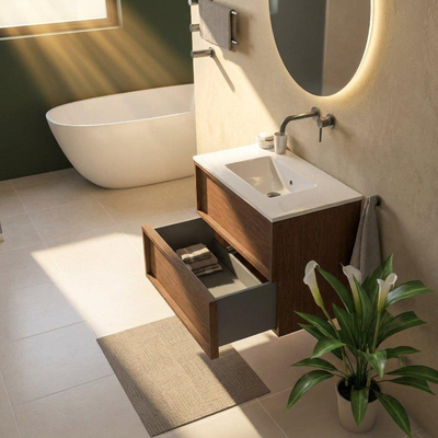 Saniclass Holz Frame Ensemble de meubles de salle de bains - 80x45x62cm - Lavabo Vygo en céramique blanc - 1 vasque - sans trou de robinet - 2 tiroirs - noyer pure mat (bois)