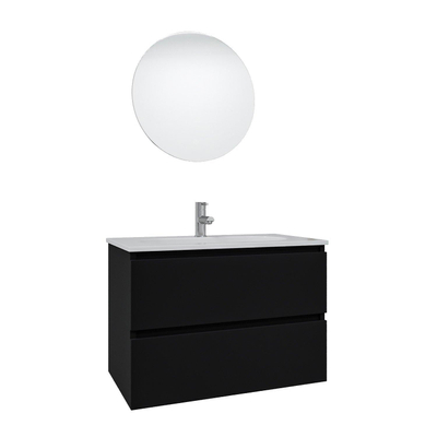 Saniclass Chaci Ensemble meuble de salle de bains - 80x46x55cm - lavabo en céramique blanc - 1 vasque ovale - 1 trou de robinet - 2 tiroirs - miroir rond avec éclairage - noir mat