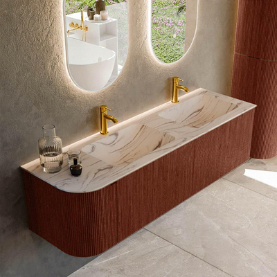 MONDIAZ KURVE-DLUX Meuble de salle de bains 155cm arrondi à gauche couleur Ruby avec 2 tiroirs et 1 porte. Lavabo LEAF Double / 2 trous de robinet à droite Nata.