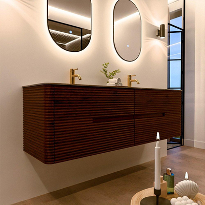 Mondiaz CIRO-DLUX Badkamermeubelset - 160x45x50cm - Solid surface wastafel Sombra - 2 wasbak Dubbel - 2 kraangaten - 4 lades - Ruby