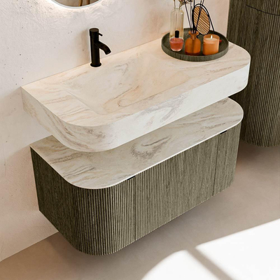 MONDIAZ THOR-DLUX 100cm meuble de salle de bains arrondi gauche + droite couleur Shadow avec 1 tiroir et 2 portes. Vasque suspendue CLOUD gauche 1 trou de robinet couleur Ostra.