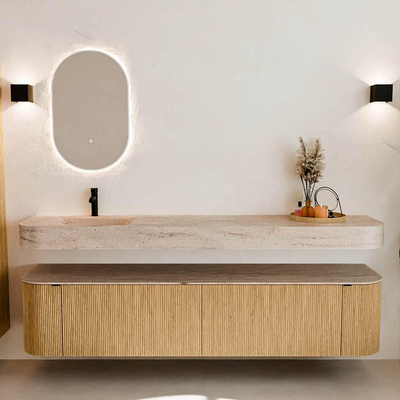 MONDIAZ THOR-DLUX 200cm meuble de salle de bains arrondi gauche + droite couleur Oak avec 2 tiroirs et 2 portes. Vasque suspendue CLOUD Gauche 1 trou de robinet couleur Saba.