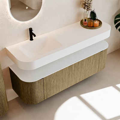 MONDIAZ THOR 150cm meuble de salle de bains arrondi gauche + droite couleur Dusk avec 1 tiroir et 2 portes. Vasque suspendue CLOUD gauche 1 trou de robinet couleur Talc.