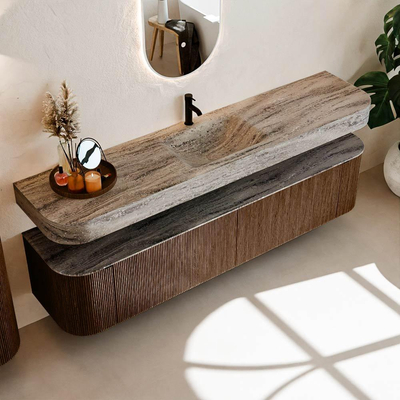 MONDIAZ THOR-DLUX 200cm meuble de salle de bains arrondi gauche + droite couleur Walnut avec 2 tiroirs et 2 portes. Vasque suspendue CLOUD Milieu 1 trou de robinet couleur Oza.