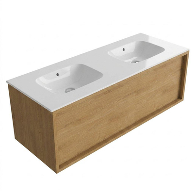 Saniclass Holz Frame Ensemble de meubles de salle de bains - 120x45x41.5cm - Flow lavabo en Solid Surface blanc - 2 vasques - sans trous de robinet - 1 tiroir - chêne natural mat (bois)