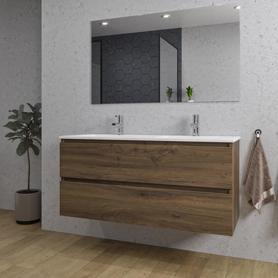 Saniclass Chaci Badkamermeubelset - 120x46x55cm - keramische wastafel wit - 2 wasbakken - 2 kraangaten - 2 lades - rechthoekige spiegel - noten (hout)